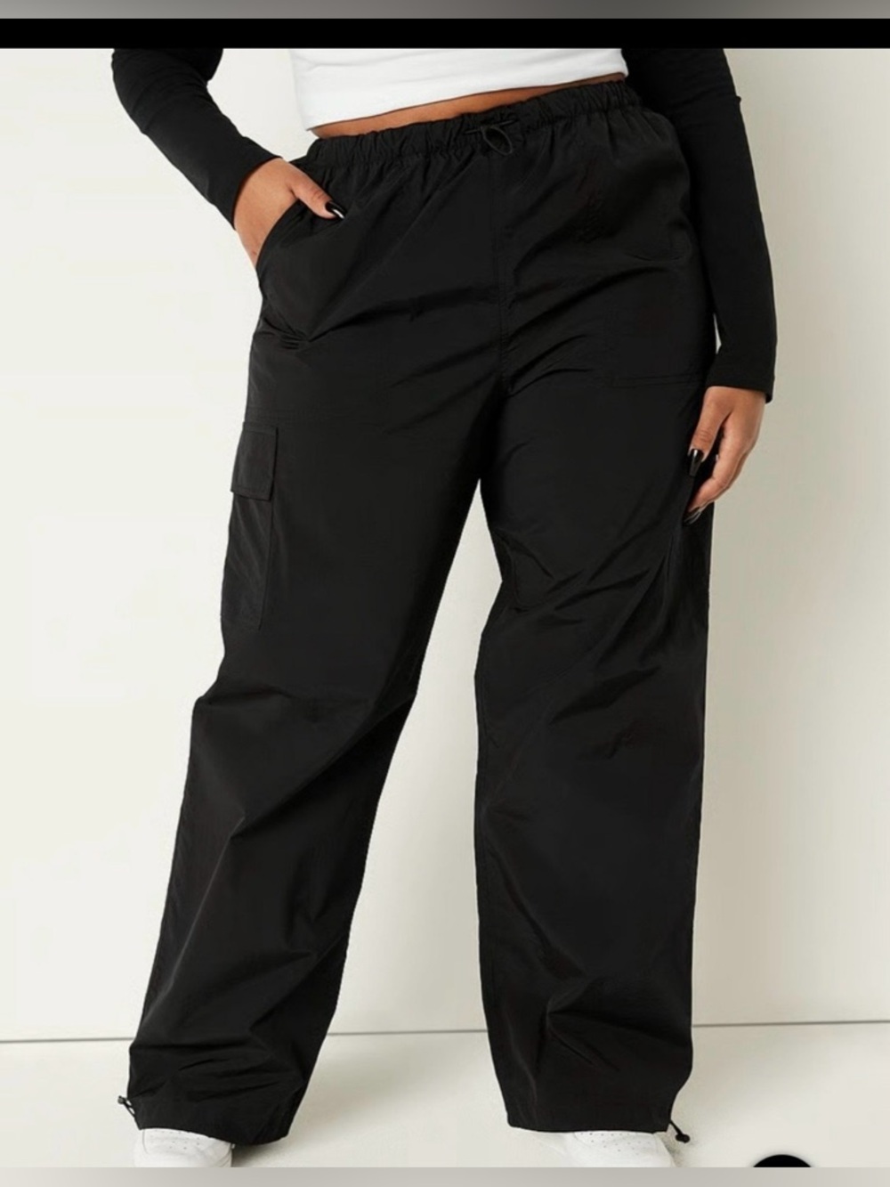 Black Wide-Leg Cargo Pants with Drawstring Waist VS PINK